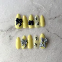 ネイルチップセット パステルイエロー リボン 【ハンドメイド】