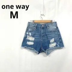 ワンウェイ▶デニムショートパンツ M 青 ダメージ加工 綿100% カジュアル