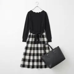 tocco closet ウエストりぼん スカラネック切替チェック柄ニットワンピ