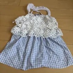ベビー水着 女の子 水色チェック レースフリル