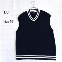 ..GU ニットベスト ネイビーM ライン入り Vネック スクール トラッド