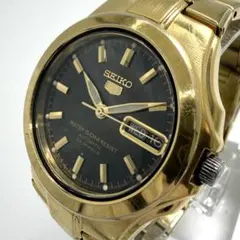 稼動 SEIKO 腕時計 セイコーファイブ ゴールド 黒文字盤 デイデイト