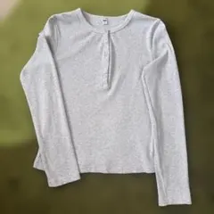 UNIQLO リブヘンリーネック長袖カットソー グレー L 送料込み