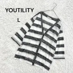 【ユーティリティ】L メンズ　五分袖カーディガン　Vネック　ボーダー　薄手　白系