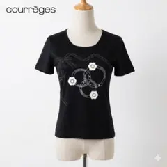 美品 クレージュ 立体フラワー ロゴプリント 半袖Tシャツ 38 ブラック 上品
