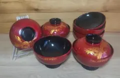 天然木 本漆塗 漆器 汁椀 吸物椀 5客セット 竹梅金蒔絵 伝統工芸