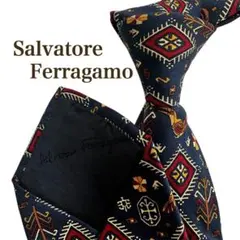 新品Salvatore Ferragamo フェラガモ 幾何学模様紺ネクタイ
