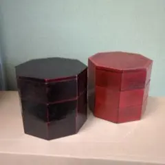 弁当箱 山中塗 八角 布貼 根来 木製 三段 美品 朱黒 重箱 三段重 2セット