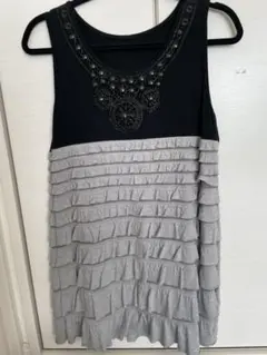 美品 襟元キラキラゴージャスワンピ　チュニック　フリル　バイカラー