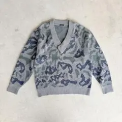 vintage Vネック ニットセーター（迷彩柄）　Vネックニット　グレー　緑のサムネイル