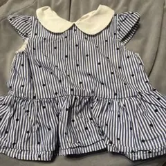 petit main 90size ドット柄フレアトップス 青白ストライプ