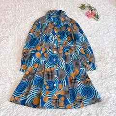 ヴィンテージワンピース総柄ブルー青レトロ昭和長袖シャツMサイズ