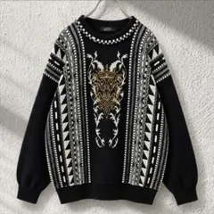 LINDBERGH 3Dニット 幾何学柄 エンブレム刺繍 黒 ヴィンテージ 古着