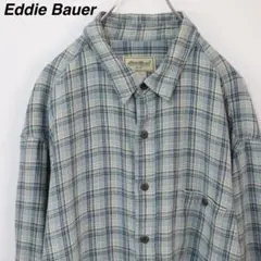 【リネン100％】エディーバウアー リネンシャツ チェックシャツ XLT 薄青色
