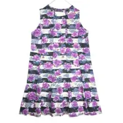 2174【美品】ワンピース フレア ノースリーブ ボーダー 花柄 総柄 M~L