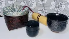 野点セット 漆塗竹籠 茶筅 茶杓 茶入 茶碗 携帯 茶道具 茶道 お茶 抹茶