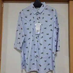 ワコール新品刺繍入り青ストライプ五分袖シャツ