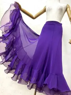 【シンプル】新品ふんわりチュール裾2段 社交ダンス　ロングフレアスカート紫ｂ65