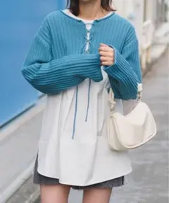 kastane ブルーニットとシャツセット