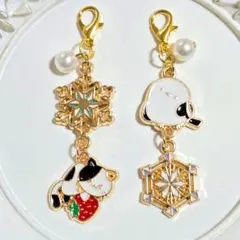 【猫とシマエナガのマスクチャーム】ハンドメイド　ビーズ　冬ピアス　イヤリング　雪