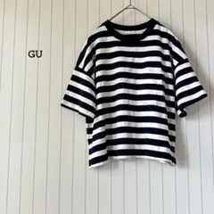 ジーユー Tシャツ ショート丈 ボーダー コットン ネイビー シンプル 人気のサムネイル