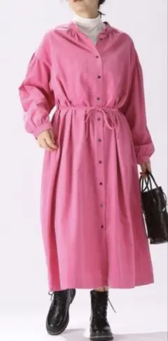 最終価格、ピンク 長袖 シャツワンピース ウエストリボン付き