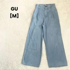 GU デニム風ワイドパンツ　ブルー【M】カジュアル　ウエストゴム