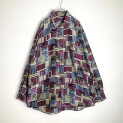 シルク100　長袖シャツ　バロック調　アート柄　総柄　幾何学模様　デザイン古着