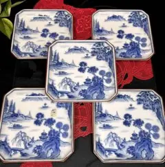 古伊万里焼 染付け 角皿 山水図 手作り 在銘 置物 旧家蔵出 コレクター放出 古伊万里焼 染付け 角皿 山水図 手作り 在銘 置物 旧家蔵出