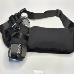 揺れにくい♪ランニングポーチ ボトルホルダー付 撥水 ボディバッグ黒 男性女性