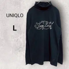 ユニクロ タートルネックプリントトップス L ブラック 長袖 シンプル 春秋