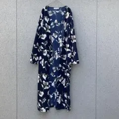 2388【fifth】ロングカーディガン 羽織り 花柄 総柄 ネイビー 薄手