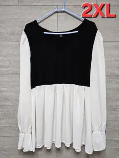 2XL ブラック/ホワイト Vネック 長袖シャツ
