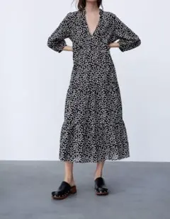 ZARA*ザラ*プリントミディワンピース*黒*モノトーン*Lサイズ*柄ワンピース