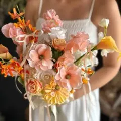 アプリコットピンク×リボンクラッチブーケ☆ブートニア