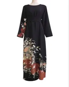 留袖ワンピース　留袖ドレス　着物リメイクロングワンピース　ハンドメイド　黒留袖