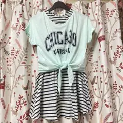 レトロガール 前結びTシャツ　ロゴ　ボーダーチュニック 2点セット　サックスのサムネイル