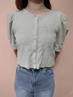 ボーダー柄 パフスリーブ 半袖ブラウス　2wayトップスのサムネイル