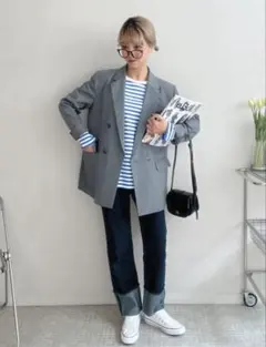 ロールアップハイウエストデニムパンツ ネイビーのサムネイル