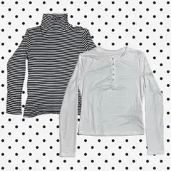 Tシャツ 長袖 ヘンリーネック ハイネック 薄手 ボーダー 白 黒