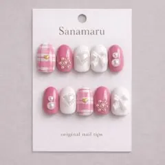 49 サイズオーダー ネイルチップ ガーリーネイル ピンク チェック柄ネイル