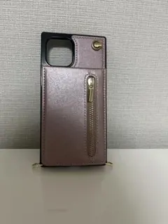ジッパーポケット付きiPhone12ケース ストラップ　ピンク　ゴールド　未使用