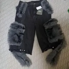 【GRANCY】ファーポケットデザインハーフデニムカーゴパンツブラックM未開封