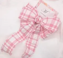 子どもキッズリボンヘアゴム　ふわくしゅ♡チェック♡ピンク　足長リボン　足付き