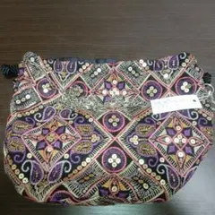 シルク巾着袋インド刺繍ポトリ風2wayショルダー