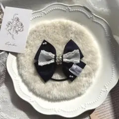 handmade リボンヘアゴム　ネイビー　パール　レース　オリジナルタグ