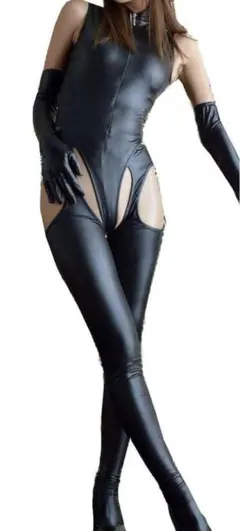 コスプレ 衣装 ボディスーツ ハイレグ Lサイズ 3点セット 手袋付き 黒
