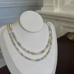 B285 高級淡水 パール ロング ネックレス ２連 ゴールド グレー 個性的