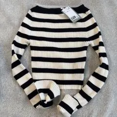 ❤︎H&M 白黒ストライプ リブ編み長袖トップス XS