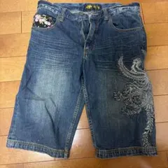 流儀圧搾　絡繰魂 デニム ハーフパンツ 鳳凰 桜柄 刺繍のサムネイル